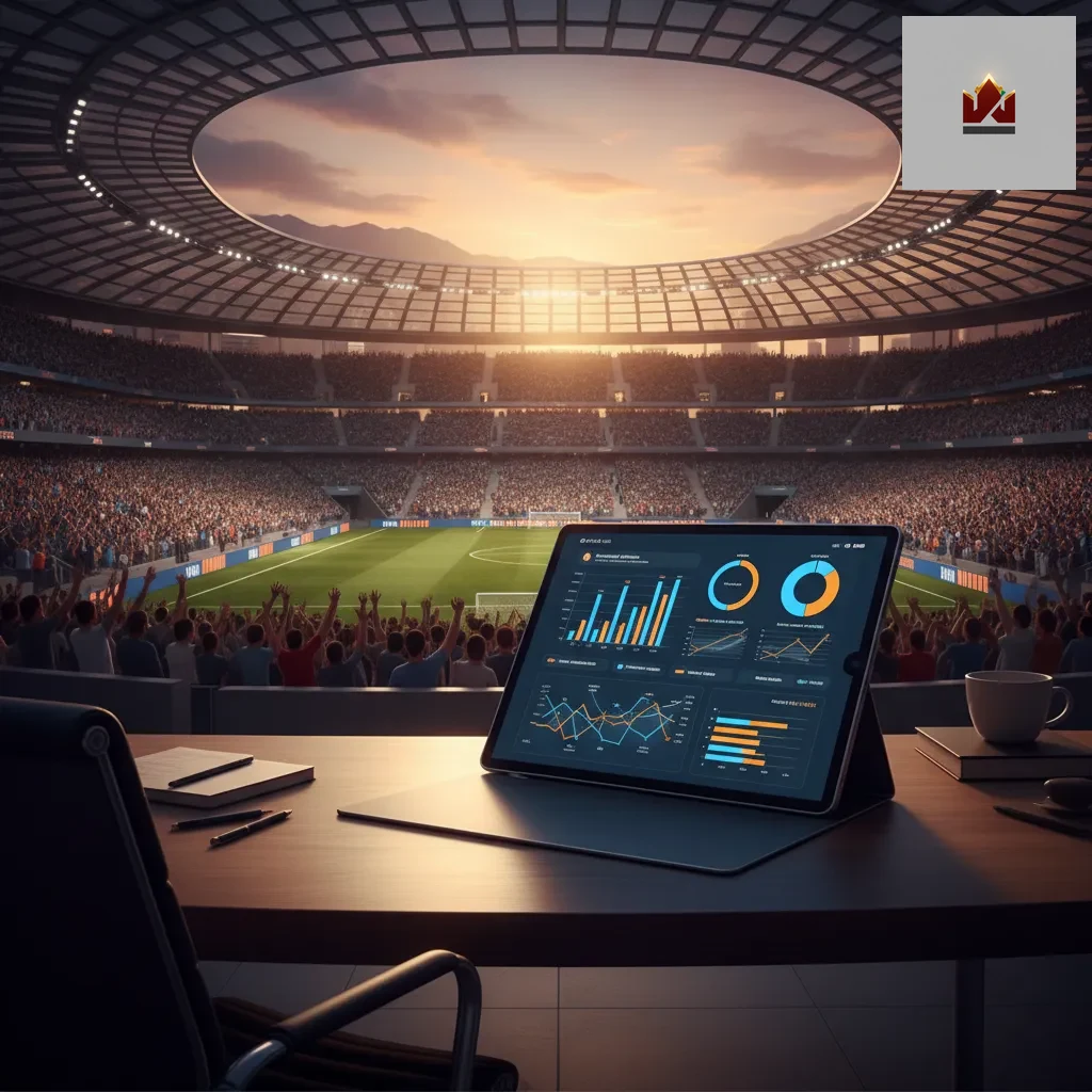 Dispositivo tablet con statistiche sportive e grafici di rendimento su una scrivania